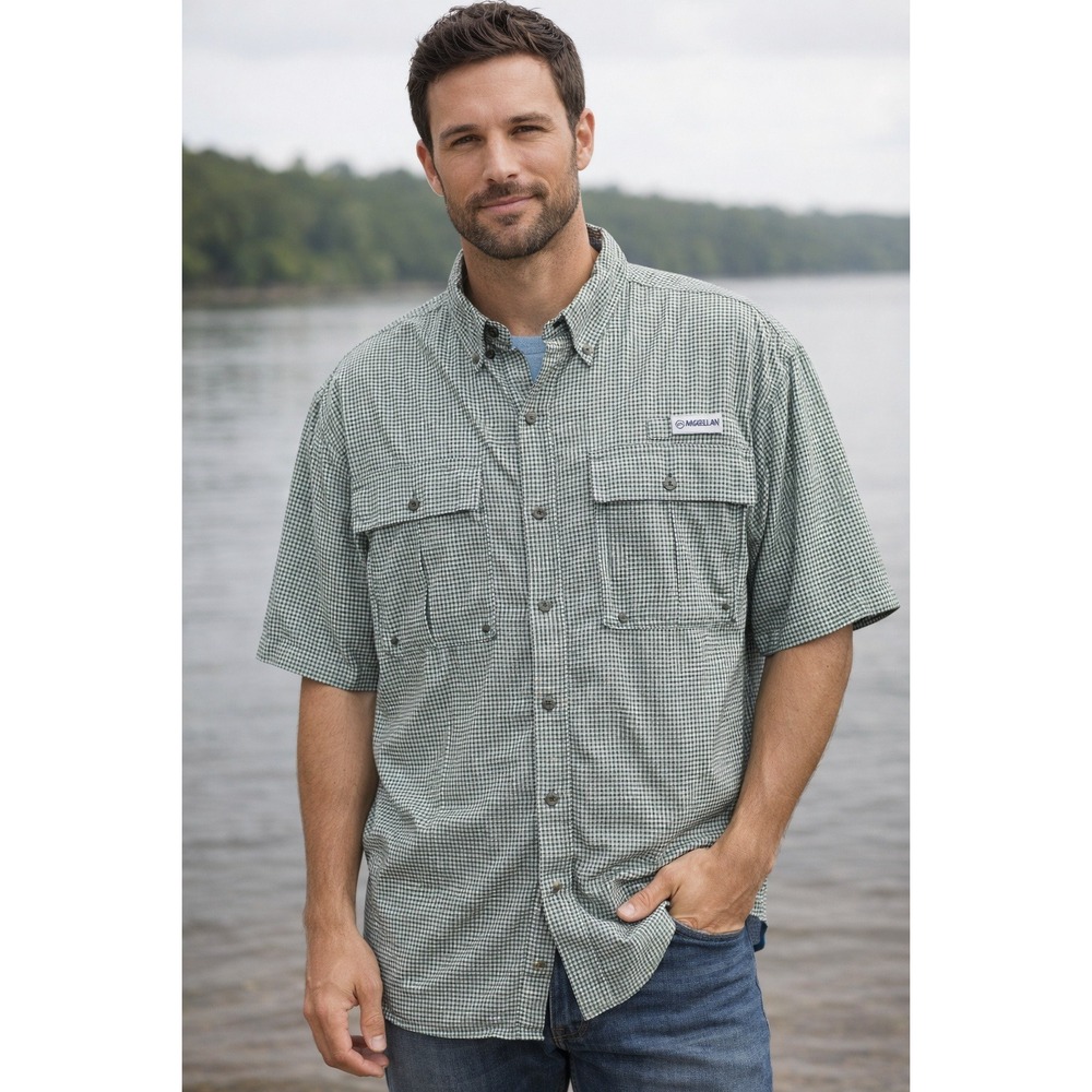 Magellan Fishing shirt mens 3XL‎ green white check, moisture wick cool comfort